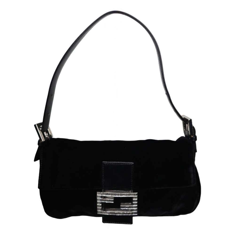 Fendi Vintage Black Velvet Crystal Emblem Logo Baguette